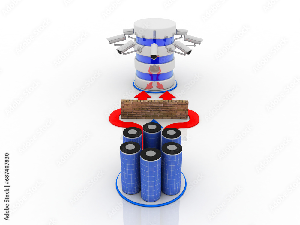 Poster 3d rendering surveillance cctv security camera connected database near battery