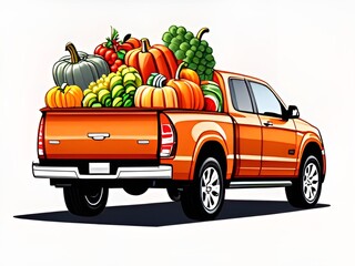 thanksgiving food drive food on the pick up red car issustration white background