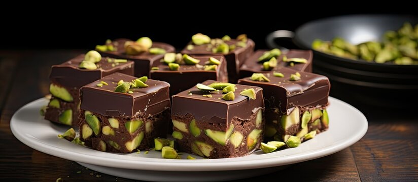 Chocolate pistachio fudge squares on a white plate.