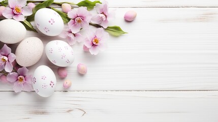 Easter Eggs with Flowers on White Wooden Background, Generative AI