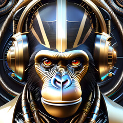 This portrait of a chimpanzee is a robot steampunk, biomechanical machine. The portrait is of a Chimpanzee that is wearing a steampunk, biomechanical machine on its back. The machine is a robot that i