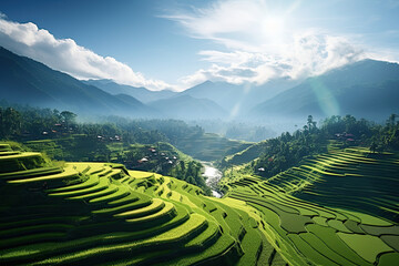 aerial view of rice terraces at sunrise