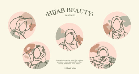 Hijab beauty abstract Illustration. Set of stylish and trendy hijab woman hand-drawn. Modern abstract faces fashion hijab girl perfect for social media template and wallpaper.