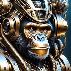 This portrait of a chimpanzee is a robot steampunk, biomechanical machine. The portrait is of a Chimpanzee that is wearing a steampunk, biomechanical machine on its back. The machine is a robot that i