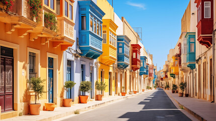 Fototapeta na wymiar Valletta Maltese traditional colorful houses with balconies narrow city streets at sunny day. Travel concept