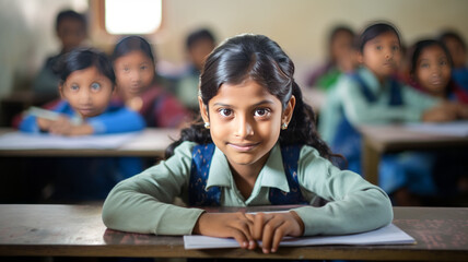 Portrait photo of a 11 year old indian girl in a modern classroom sitting at a school table ,generative ai