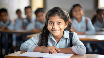 Portrait photo of a 11 year old indian girl in a modern classroom sitting at a school table ,generative ai - obrazy, fototapety, plakaty