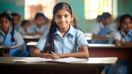 Portrait photo of a 11 year old indian girl in a modern classroom sitting at a school table...
