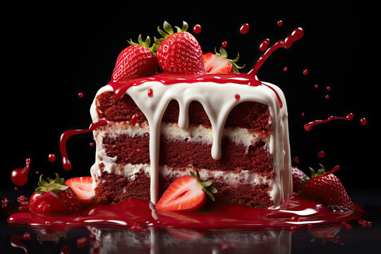 slice of a red velvet cake on a plate with strawberry on black background