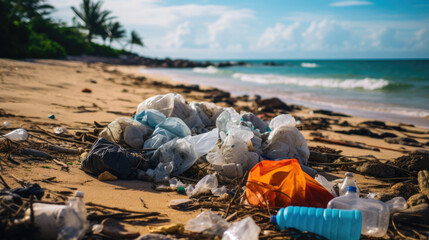 Trash littering a beach creating an ecological disaster on earth