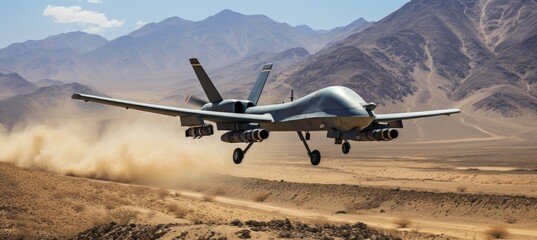 Unmanned aerial vehicle (UAV) drone landing on dirt track. Generative AI technology. - obrazy, fototapety, plakaty
