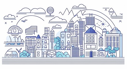 Geometric city landscape line banner. Simple outline urban town building park sea recreation zone. illustration, Generative AI