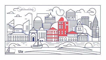 Geometric city landscape line banner. Simple outline urban town building park sea recreation zone. illustration, Generative AI