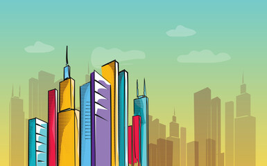 City skyline in pop art style for background illustration and image