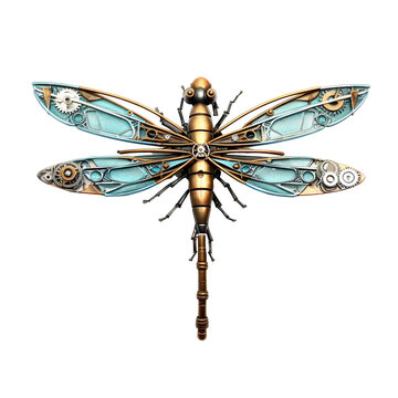 angled view of steampunk style Dragonfly animal isolated on a white isolated background.