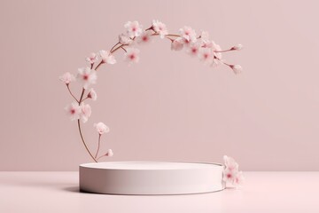 3D background, pink podium display. Sakura pink flower tree branch with frame. Cosmetic or beauty product promotion step floral pedestal. Abstract minimal advertise. 3D render copy space,Generative AI