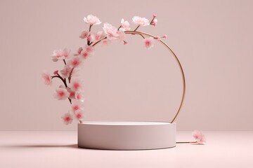 3D background, pink podium display. Sakura pink flower tree branch with frame. Cosmetic or beauty product promotion step floral pedestal. Abstract minimal advertise. 3D render copy space,Generative AI