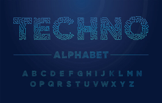 Digital chip circuit font. Tech typography, alphabet letters and numbers stylised as circuit board tracks. PCB technology and computer engineering lettering vector set. Microchip or motherboard style