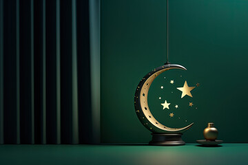 stars with crescent and moon on green background. ramadan kareem concept