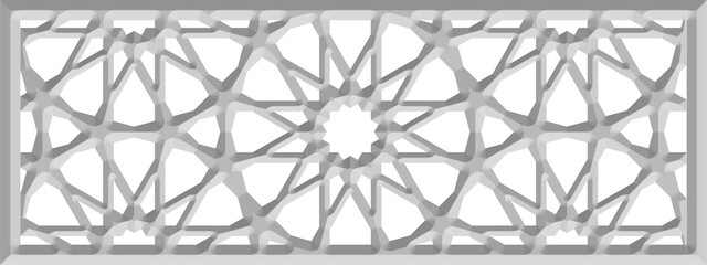 Arabic girih, geometric 3d polygonal ornament based on traditional islamic art. Muslim mosaic wall screen. Arabian tile isolated on a white background. Turkish decorative interior panel. Illustration - obrazy, fototapety, plakaty