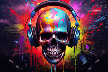 skull with headphones, colorful splashes. colorful art wallpaper skull with headphones