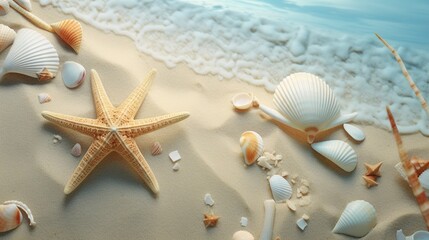 Fototapeta na wymiar Capture the elegance of the seashore in an 8K image featuring sea sand adorned with starfish and shells, 