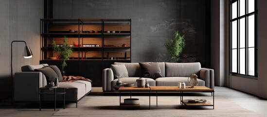 Contemporary living room with industrial furniture, grey sofa, and dark accessories.