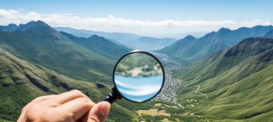 Magnifying glass pointing at valley background. Generative AI technology. - obrazy, fototapety, plakaty