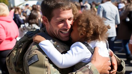 Rejoicing Soldiers Heartwarming Reunion. Sons Tight Embrace Fills the Air with Pure Joy