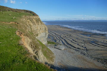 Southerndown Heritage Coast with Jurassic limestone pavement with fossils, Vale of Glamorgan, South Wales, Great Britain