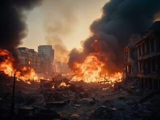War-Torn City Destroyed in Modern Conflict from Devasting Attacks by Missles and Bombs - obrazy, fototapety, plakaty