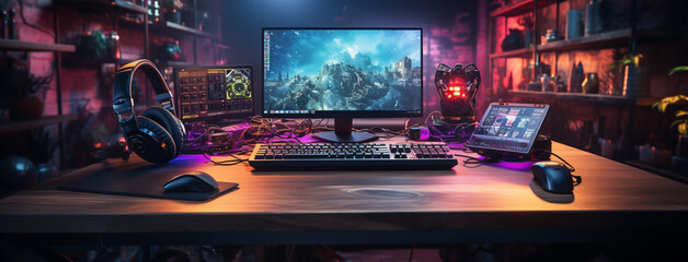 Wide gaming console table image with colorful neon busy room background and pc computer screens with headphones and accessories around - obrazy, fototapety, plakaty