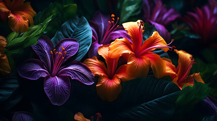 colorful flower on a dark tropical foliage nautre background.