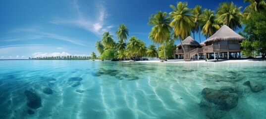 Obraz premium Island resort with clear blue beach sea water. Generative AI technology. 