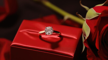 Diamond ring in a package box surrounded by a vibrant red rose. Perfect for Valentine's Day or any special occasion, idea choice for expressing love.