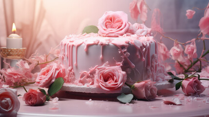 Rose cake in a charming pink environment, perfect for Valentine's Day or any special occasion. Romance and Sweetness.