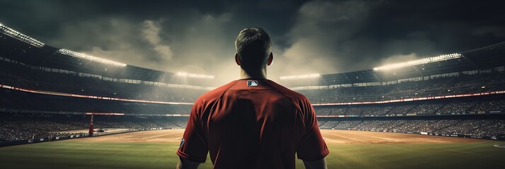 rear view of american football player standing alone at sports stadium - obrazy, fototapety, plakaty