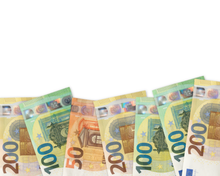 Euros notes on a transparent background. EUR is the official currency of the European Union