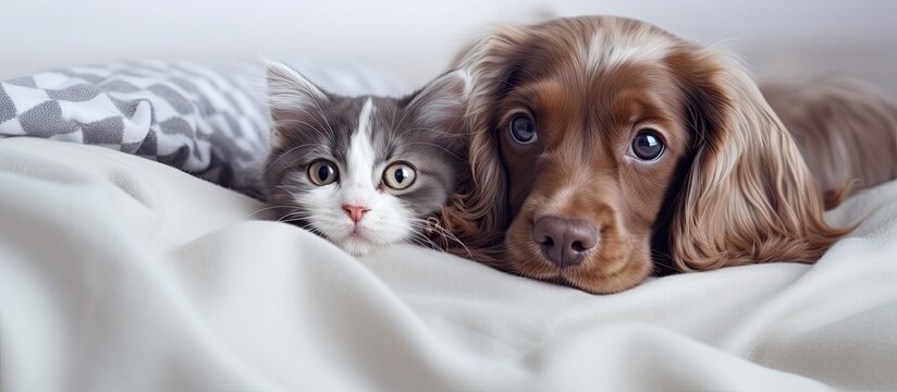 English Cocker spaniel puppy and gray kitten cuddle together under a white blanket on a bed at home. Top view.