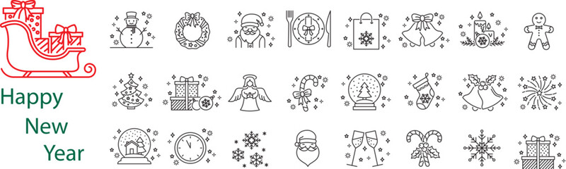 Christmas icon collection, winter holiday background, xmas decoration elements, noel ornaments, festive backdrop, illustration, outline icons set.
