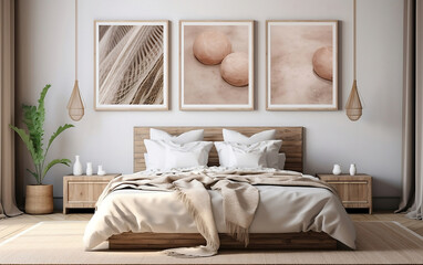 Eco style bedroom with wooden furniture and paintings on the wall, pastel colors