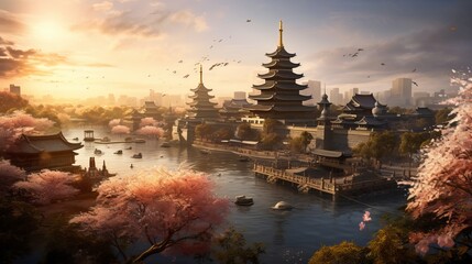 Springtime Glory in Japan. Vibrant Cherry Blossoms, Captivating Sunset, and Traditional Roofs