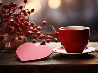 Obraz na płótnie Canvas Romantic valentine's card placed alongside a coffee cup on a beautifully arranged table. Ideal for expressing joy and togetherness, this image adds warmth and charm to your.