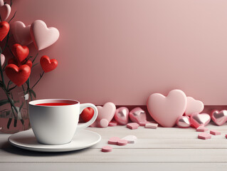 Fototapeta na wymiar Festive for valentine's card featuring a heart and coffee cup, placed on a charming table. Ideal for conveying warmth and happiness on special occasions or sending heartfelt messages to loved ones.