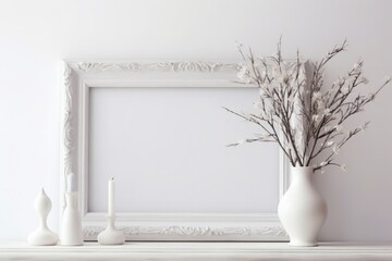 Empty white wooden picture frame mockup in a cozy posh luxurious interior design with fireplace, white panel walls, parisian style look, decorative flowers and vases - obrazy, fototapety, plakaty
