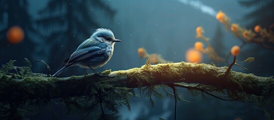 Cute bird perched on fir tree twig in magical woodland with moonlight rays shining through branches.
