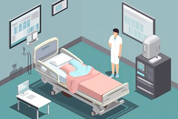 Free vector medical equipment isometric composition with patient and medical staff in hospital 
