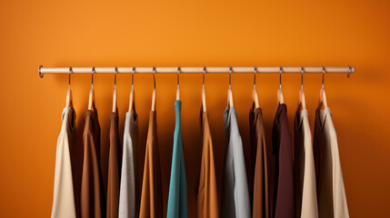Wardrobe hanger with different clothes on orange background, closeup
