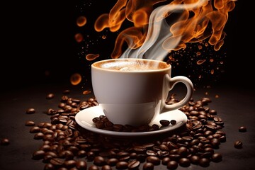 Photo cup of coffee with smoke and coffee beans  
