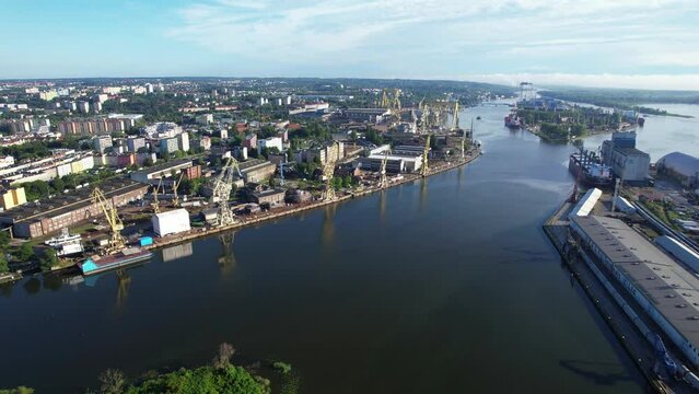 Szczecin, Poland - Aerial fly over above the beautiful polish city of Szczecin during summer
